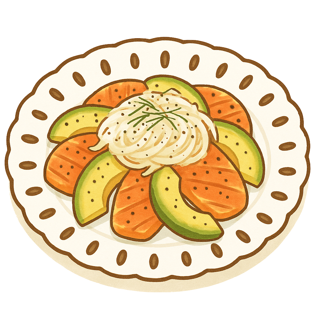 料理】サーモンとアボカドのカルパッチョサラダ｜日本語教育のイラスト